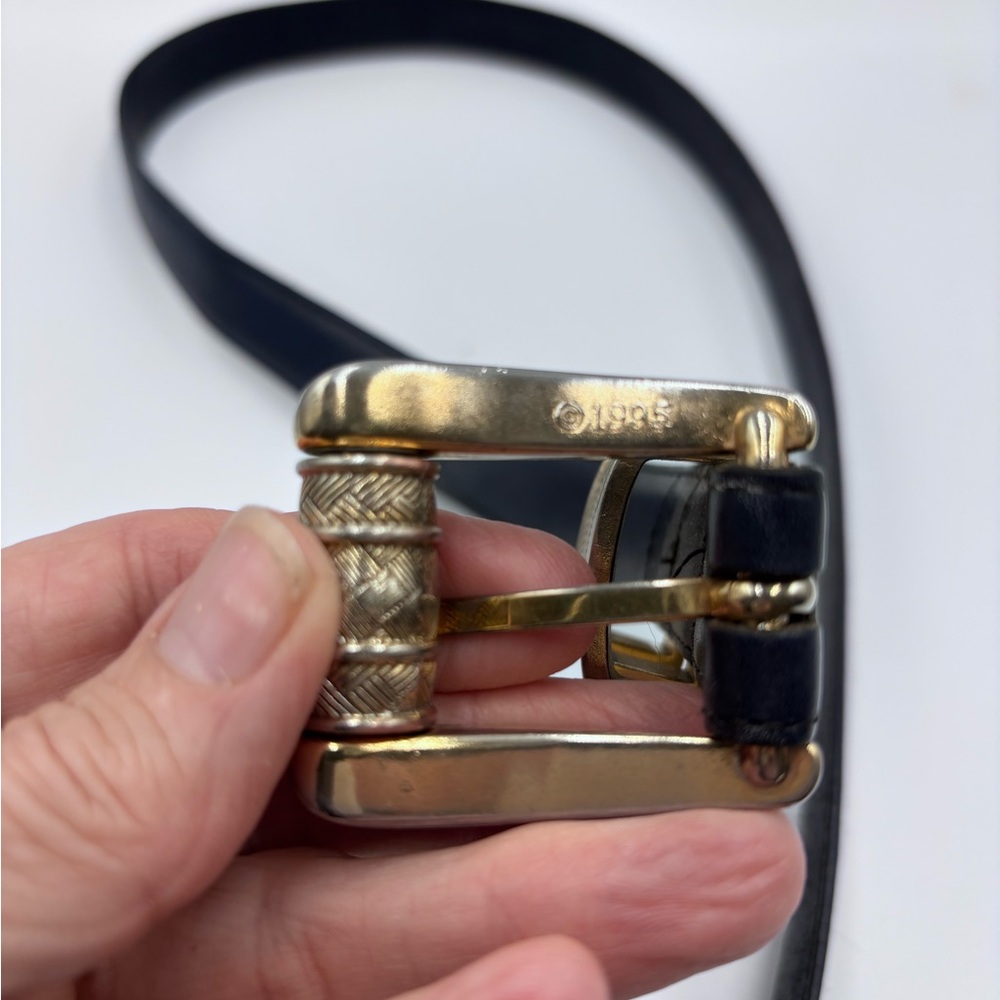 Vtg 90s BRIGHTON Leather Belt Silver Buckle Size Large/38-40 40514 Navy Ornate - Picture 2 of 9